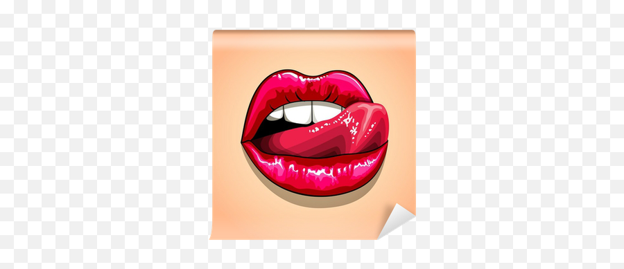 Wall Mural Woman Licking Red Lips - Pixersus Emoji,Lipstick Lips Emoji
