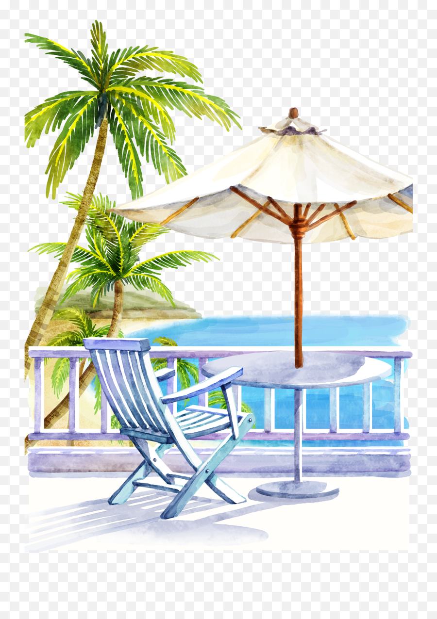 Sea Beach Umbrella Chair Palms Sticker - Watercolor Painting Emoji,Beach Umbrella Emoji