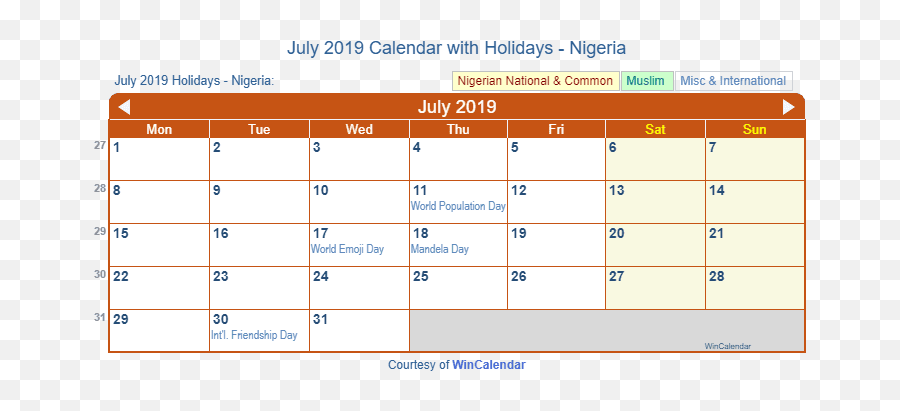 July 2019 Calendar With Holidays - Nigeria May Calendar 2011 Emoji,National Emoji Day