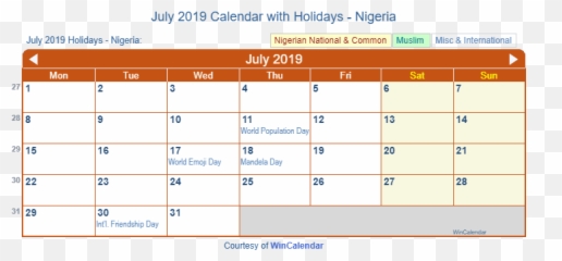 July 2019 Calendar With Holidays - Nigeria May Calendar 2011 Emoji,National Emoji Day