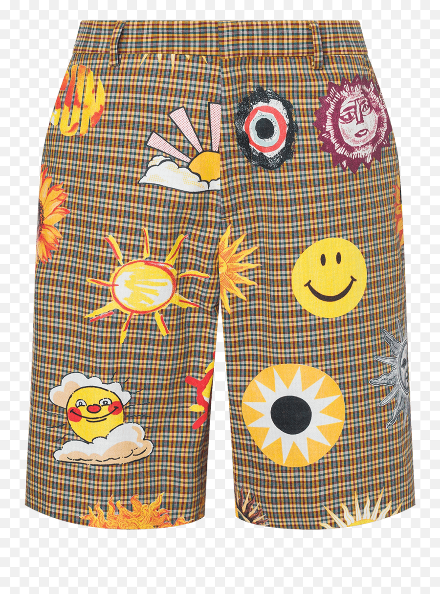 Allover Sun Smiley Print Check Cotton Bermuda Shorts Emoji,Sun Emoji Board
