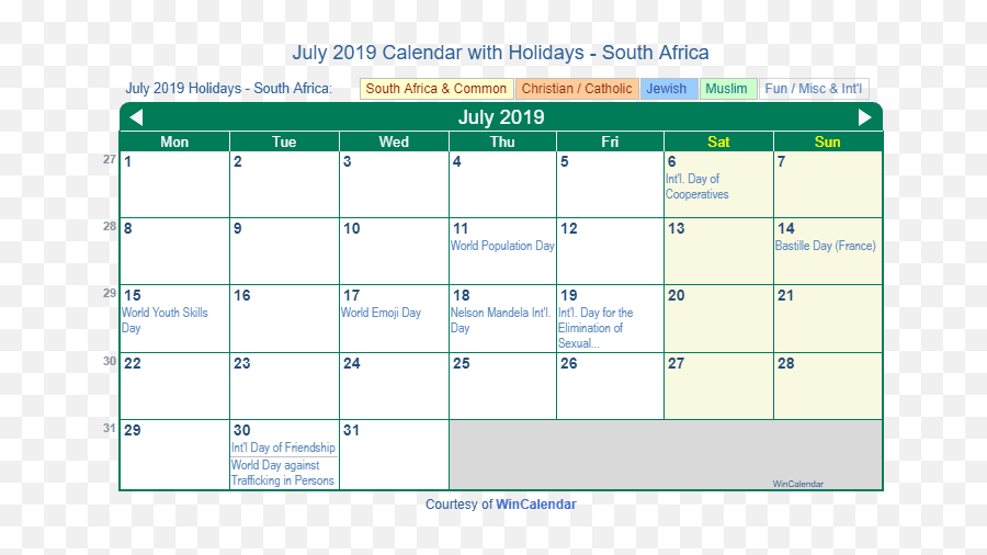 July 2019 Calendar With Holidays - South Africa Vertical Emoji,Purim Emoji