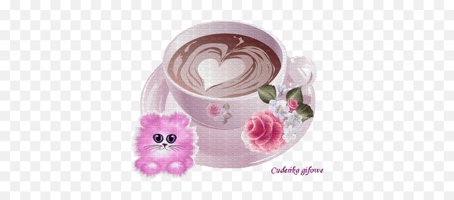 Cup Of Coffee With Pink Cat Coffee Cup Chat Cat Emoji,Animated Pom Pom Emoticon Bears