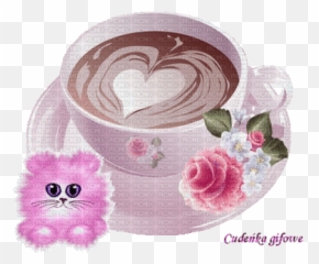 Cup Of Coffee With Pink Cat Coffee Cup Chat Cat Emoji,Animated Pom Pom Emoticon Bears