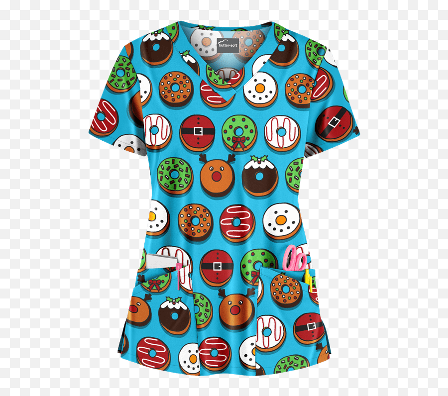 Butter - Soft Christmas Donuts Turquoise Rounded Scrub Top 2x Print Short Sleeve Emoji,Response To Christmas Bandit Emoticon