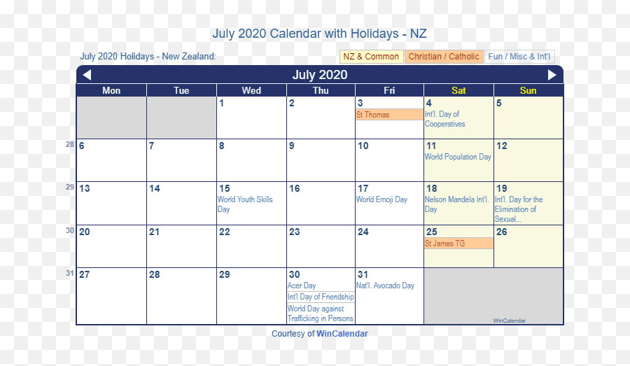 Print Friendly July 2020 New Zealand Calendar For Printing - Calendar 2020 With Holidays Nz Emoji,July Emoji