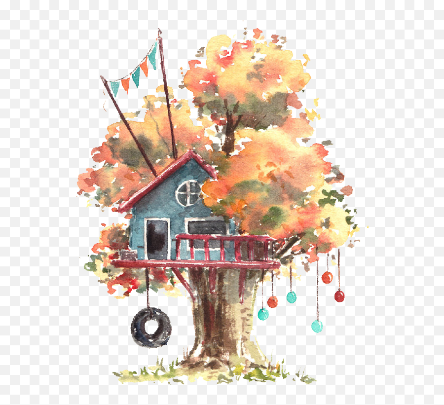Watercolor Handpainted Sticker By Stephanie - Watercolor Tree House Emoji,House Balloons Emoji