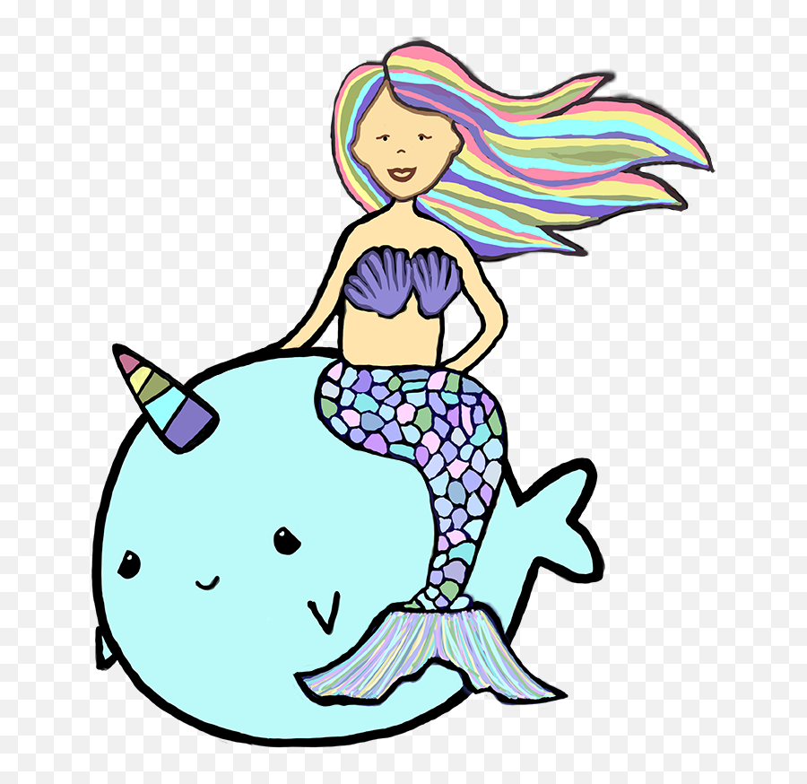 Mermaid Riding A Narwhal Clipart - Rainbow Hair Mermaid Art Emoji,Mermaid Emoji
