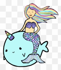 Mermaid Riding A Narwhal Clipart - Rainbow Hair Mermaid Art Emoji,Mermaid Emoji