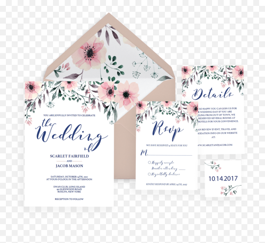 Floral Wedding Invitation Set - Pink Watercolor Flowers Set Of 8 Spg1 Horizontal Emoji,Wedding Emoji Pictionary