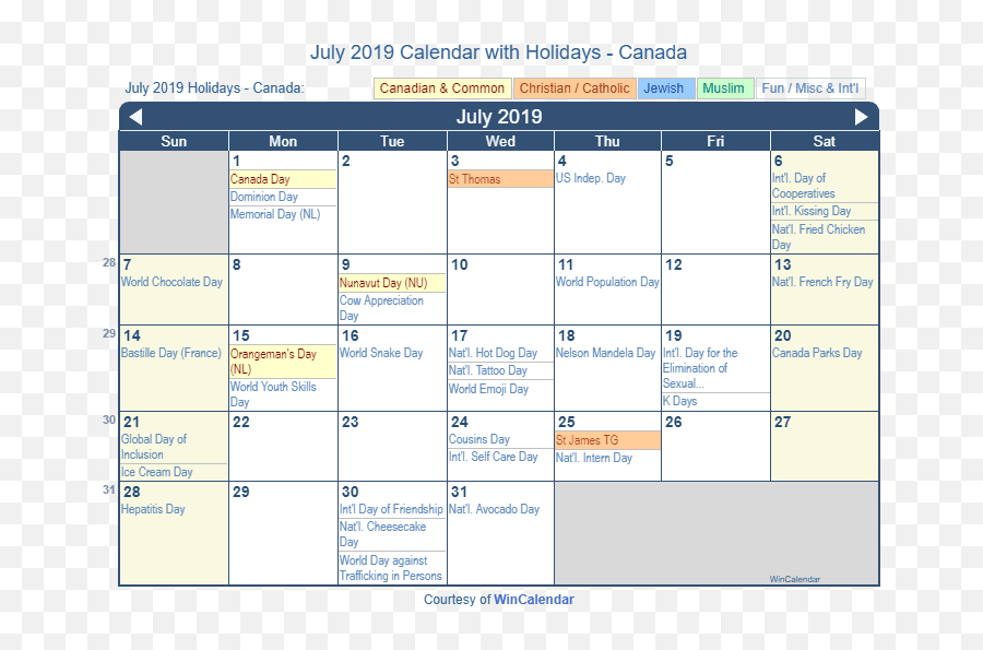 July 2019 Calendar With Holidays - Canada October 2020 Calendar Australia Emoji,National Emoji Day