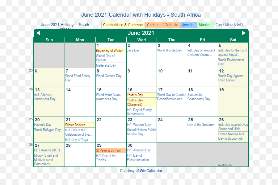 June 2021 Calendar With Holidays - South Africa Emoji,Winter Solstice Emoji