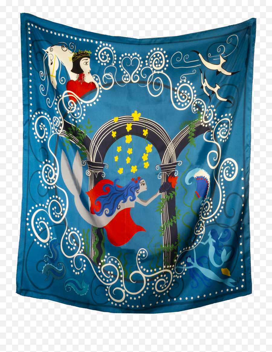 Mermaid Fairytale Silk Twill Scarf - Decorative Emoji,Navy Blue Emotion