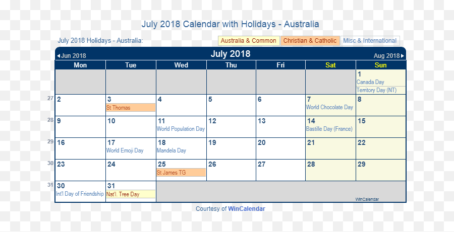 Print Friendly July 2018 Australia Calendar For Printing - Calendar Israel August 2020 Emoji,Calendar Emoji