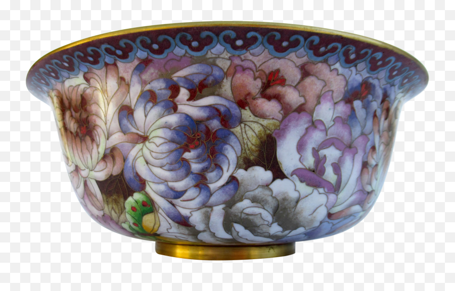 Large Chinese Enameled Brass Bow Asain Brass Bowl Hand Emoji,Fowers And Butterfly Emojis