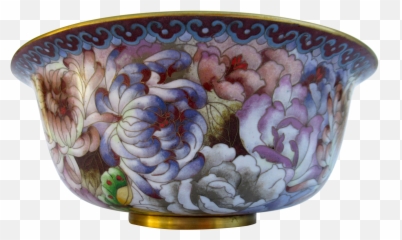 Large Chinese Enameled Brass Bow Asain Brass Bowl Hand Emoji,Fowers And Butterfly Emojis