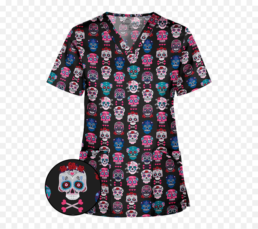 Beware Our New Halloween Scrubs Are Spooktacular A Day - Sugar Skull Skull Scrub Top Emoji,Ghoulish Smiley Emoticon