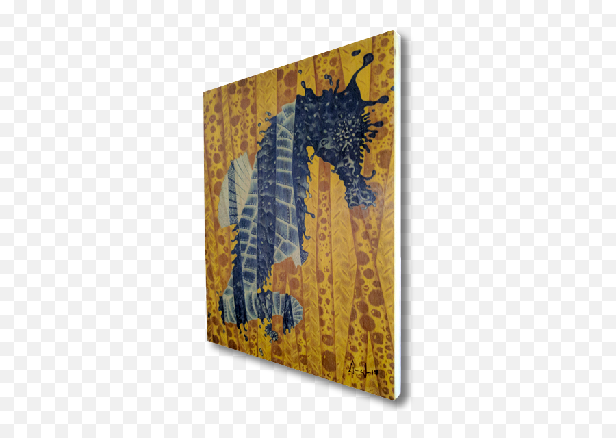 Fragmented Seahorse Wood Print Blue On A Yellow Background - Mythical Creature Emoji,Facebook Emoticons Seahorse