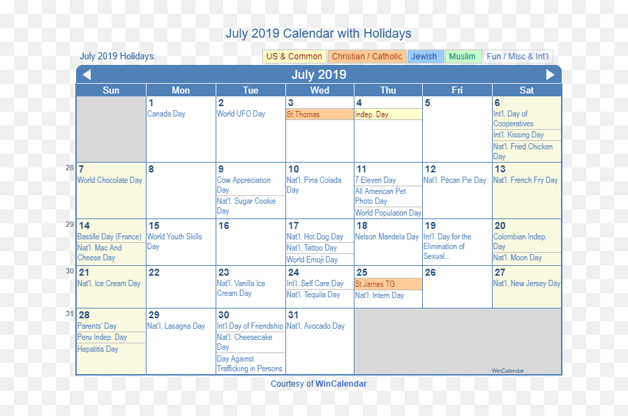 Print Friendly July 2019 Us Calendar For Printing - December 2020 Calendar Holidays Emoji,Calendar Emoji