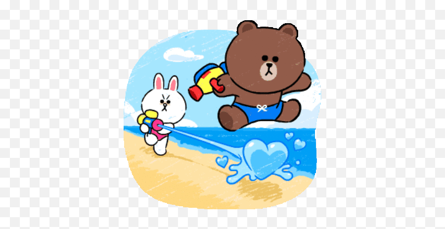 Brown Cony Summer Outing Stickers And - Cartoon Water Fight Gif Emoji,Bear With Gun Emoticon
