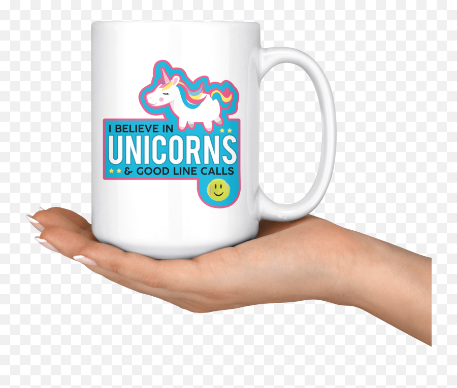 I Believe In Unicorns And Good Line Calls Tennis Coffee Mug - Large Emoji,Showing Hand Emoticon Unicorn