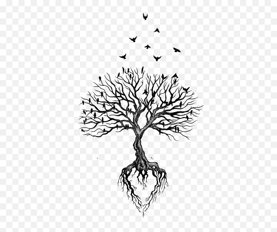 Tree Root Tattoo Bird Heart - Withered Crow Flies Png Tree Tattoo Design Emoji,Using Emojis Add Your Tattoos Silhouette