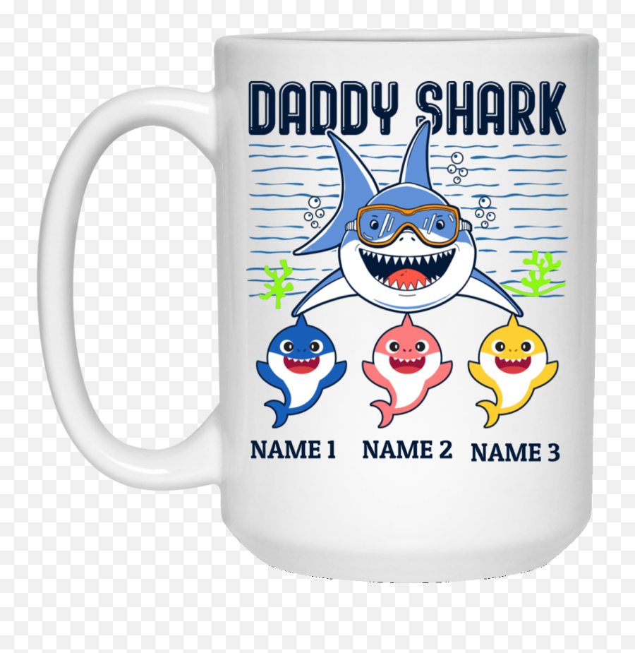 Personalized Daddy Shark And Three Baby Sharks - Funny Fatheru0027s Day Coffee Mug Beer Stein Water Bottle Magic Mug Emoji,Shark Emoticon