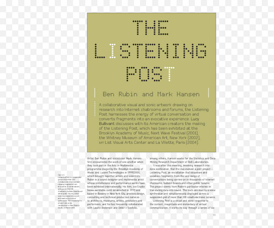 Pdf The Listening Post Ben Rubin And Mark Hansen Ben - Dot Emoji,Brainwave: Emotion Rubin Museum