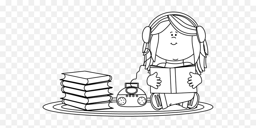 Black And White Girl Listening To A Book On A Cd Player Clip Emoji,Emotions And Actions Clipart Black And White