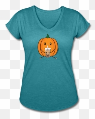Womenu0027s Pumpkin Boba Tea T - Shirt Halloween Boba Tea Shirt Boba Womenu0027s Triblend Vneck Tshirt Emoji,