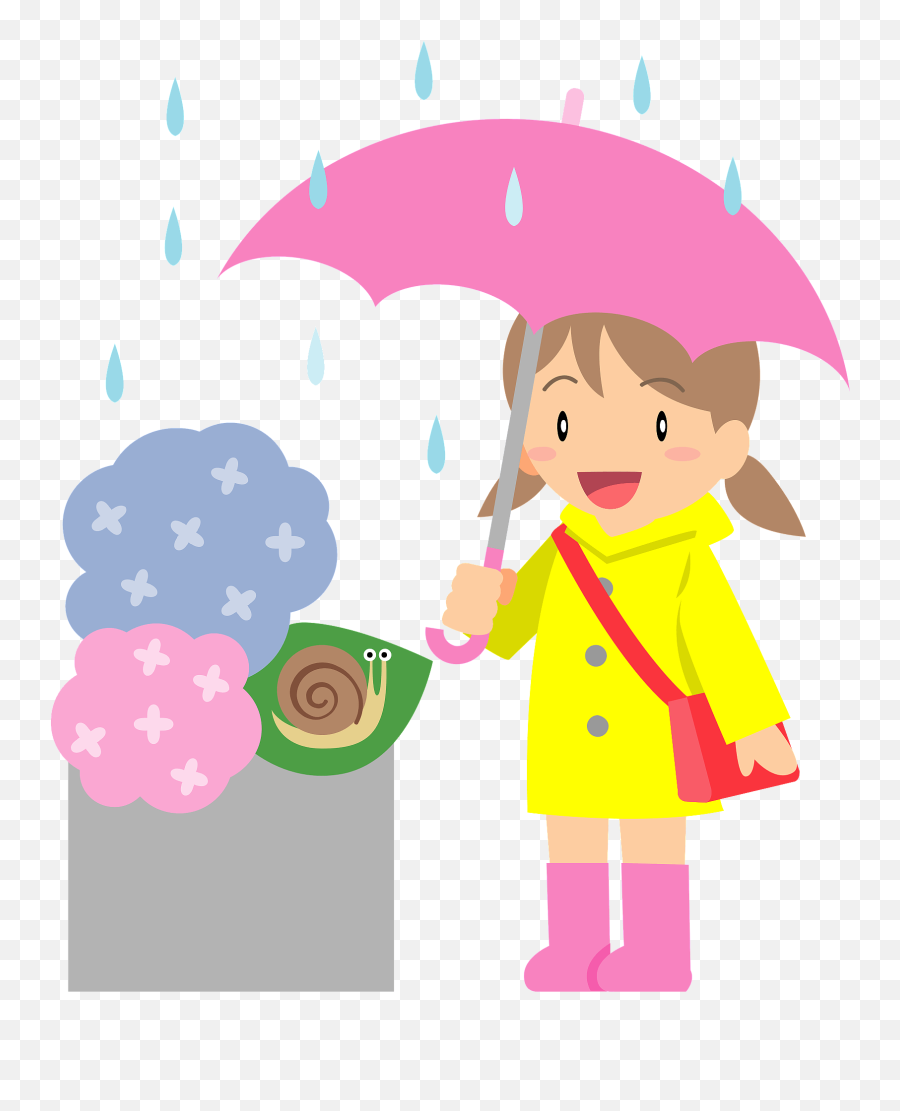 Girl Is In The Rain Watching A Snail In The Hydrangeas - Girl And Snail Clipart Emoji,Leaf Pig Emoji