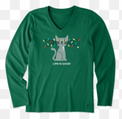 Lit Up Cat Long Sleeve Crusher Vee - Life Is Good Stars Tshirt Emoji,100 Lit Emoji