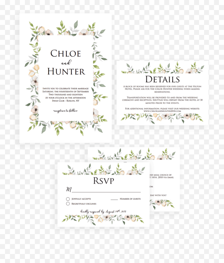 Complete Wedding Invitation Suite - Watercolor Green Leaves Horizontal Emoji,Free Emoji Invitations