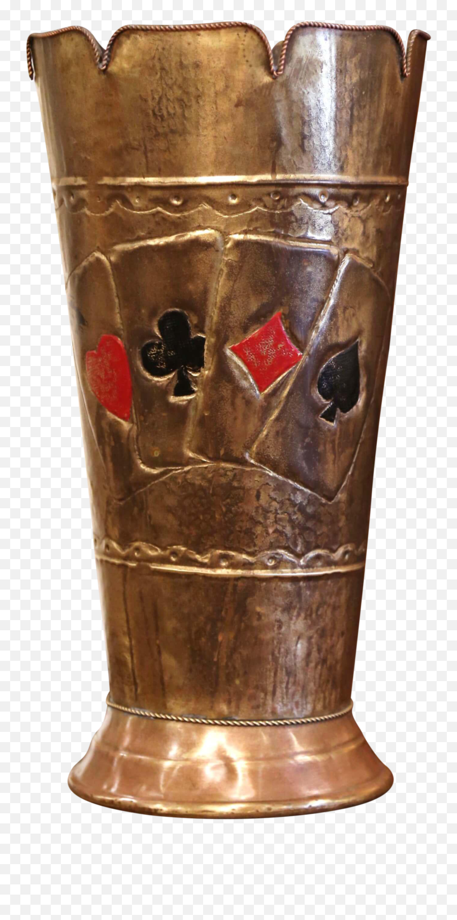 Early 20th Century French Brass Umbrella Stand With Playing Card Symbols Emoji,Card Emoticons