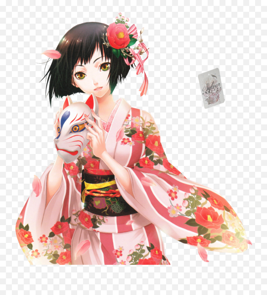 Anime Animegirl Foxmask Sticker - Japanese Anime Girl With Flowers Emoji,Mask Kimono Party Emoji