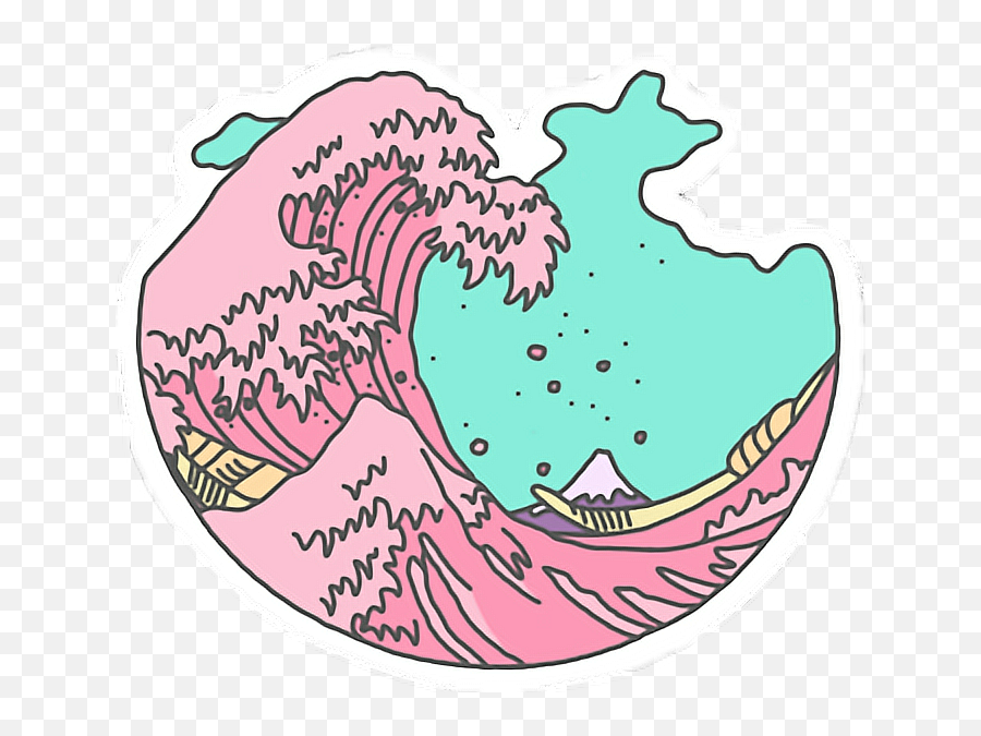 Download Sticker Rosa Olas Mar Oceano Emoji Tumblr - Great Wave Off Kanagawa Cartoon,Japanese Emoji