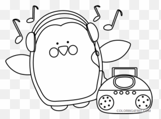 Penguin Outline Coloring Pages Penguin Listening Printable - Lestining To The Music Clipart Black And White Emoji,Emojis Columbine