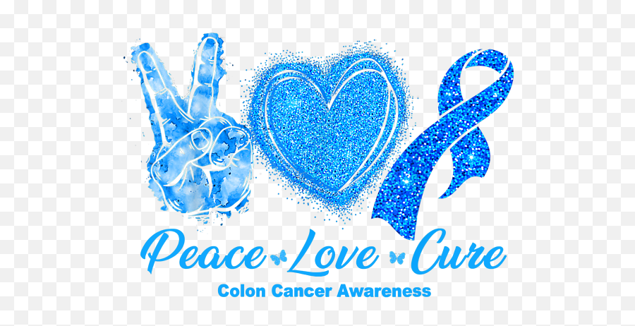 Peace Love Cure Dark Blue Ribbon Colon Cancer Awareness Gift Emoji,Gold Glitter Love Heart Emoticon With Pink Bow