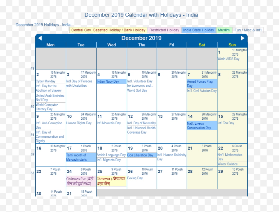 December 2019 Calendar With Holidays - India Vertical Emoji,New Emojis 2019 December