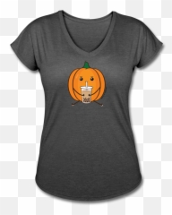 Womenu0027s Pumpkin Boba Tea T - Shirt Halloween Boba Tea Shirt Boba Womenu0027s Triblend Vneck Tshirt Emoji,;v Emoticon
